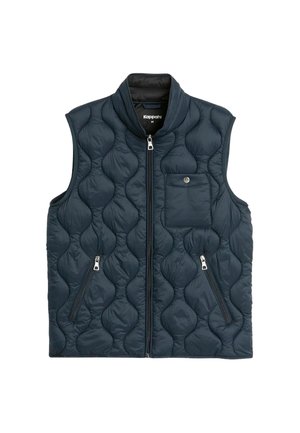 Mørkeblå quilted ærmeløs vest med frontlynlås, to lynlåslommer i siden og en trykknap lomme på brystet, størrelse medium.