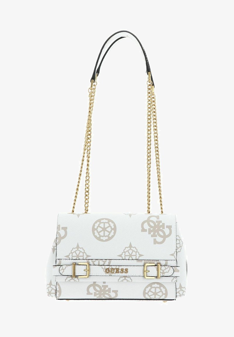 Sac à main en simili cuir blanc avec quincaillerie dorée, bandoulière enchaînée et motif de logo comportant des designs circulaires et abstraits. Fermeture à rabat sur le devant.