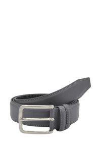 Szary skórzany pasek z prostokątną srebrną klamrą, z kontrastującym przeszyciem i gładką fakturą. Pasek zwęża się ku końcowi.