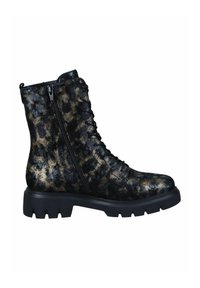 Bottines à imprimé léopard noir et or avec une finition texturée, dotées de lacets à l'avant et d'une fermeture éclair sur le côté. Semelle épaisse noire pour plus de stabilité.