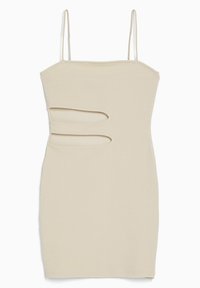 Vestito a canotta beige a costine con due ritagli laterali, design aderente e spalline sottili regolabili. Texture liscia e silhouette fino al ginocchio.