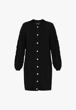 Fekete kötött kardigán, textúrált gyémántmintával, hosszú ujjakra és fényes gombzárakkal, apró fekete gyöngyökkel díszítve.