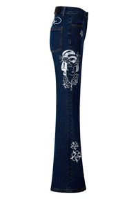 Flared dark blue denim jeans featuring white floral and geisha-style embroidery on the legs. Classic five-pocket design with a solid waistband.