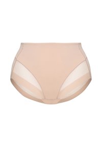 Vysoké kalhotky vyrobené z hladkého béžového materiálu, s průhlednými bočními panely a bezešvým designem pro pohodlí a oporu.