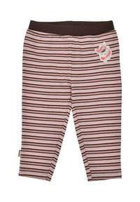 Striped leggings in pink and brown fabric, featuring a stretchy waistband and a unicorn patch on the front. Soft, breathable material.