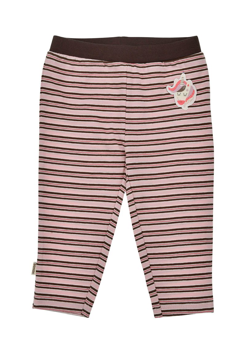 Striped leggings in pink and brown fabric, featuring a stretchy waistband and a unicorn patch on the front. Soft, breathable material.