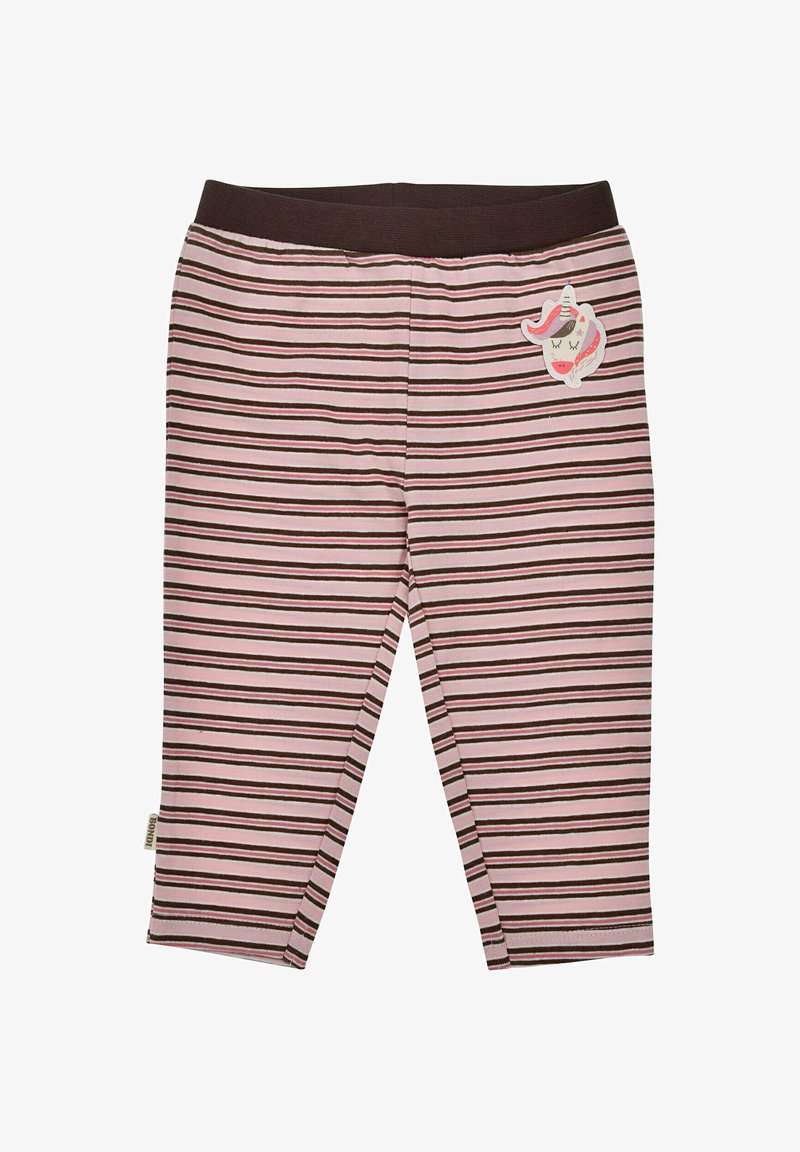 Gestreifte Leggings aus pinkem und braunem Stoff, mit einem dehnbaren Bund und einem Einhorn-Patch auf der Vorderseite. Weiches, atmungsaktives Material.