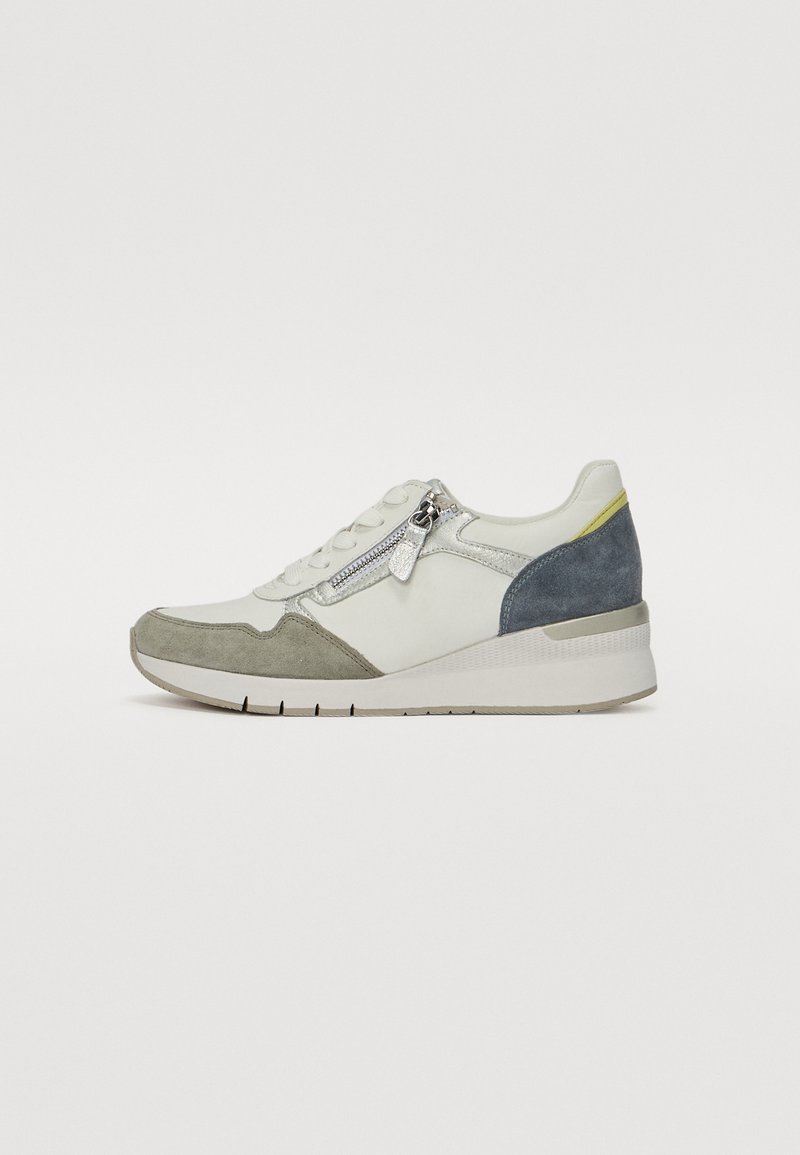 Tenis ((__sneakers__)__ ) , mis sisaldavad valget nahka, halli ja tumesinist nubukat, ümarat varvaste osa, pealistatav esiosa ja metallist tõmblukk küljes.