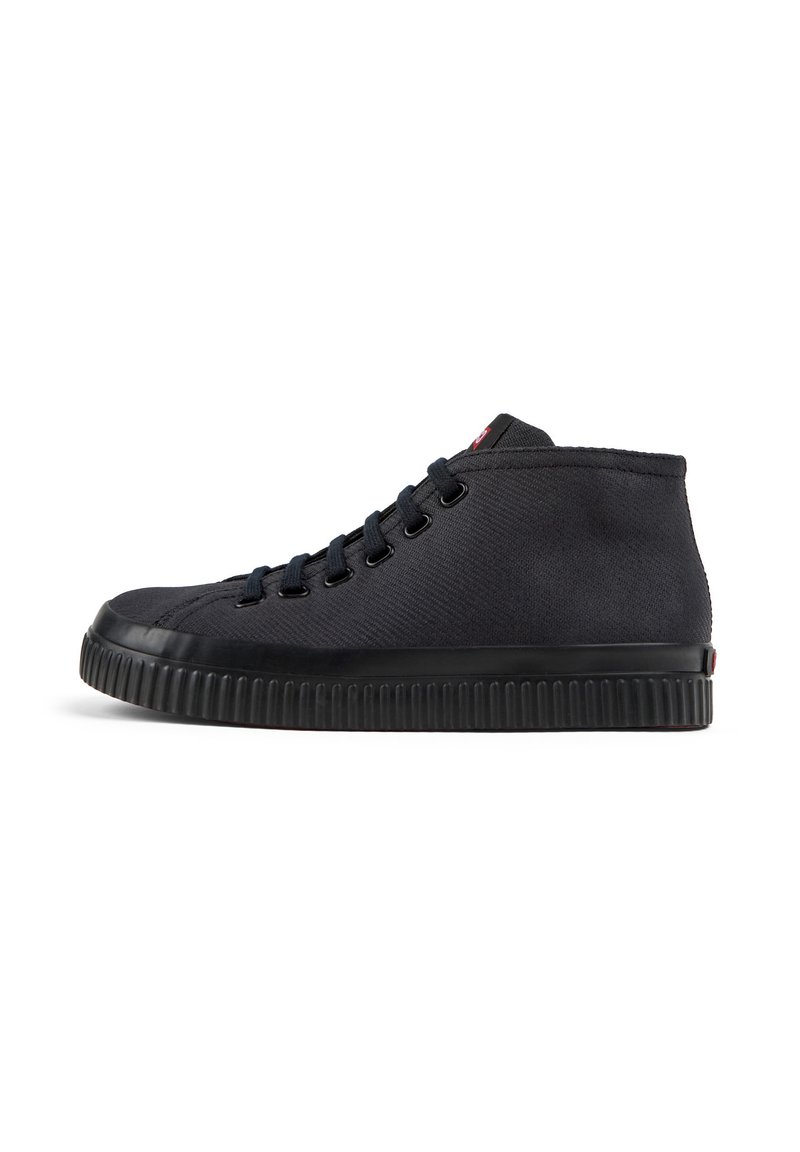 Black high-top sneakers with textured fabric, rubber sole, and round toe. Features a lace-up design and subtle brand accent on the side.