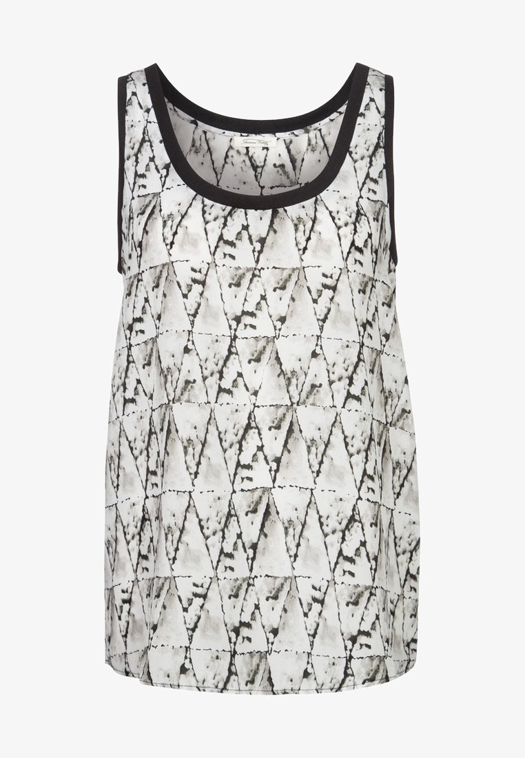 Ärmellös tanktop med ett geometriskt svartvitt mönster av trianglar, tillverkad av lättviktigt tyg med svarta kanter.