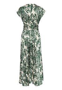 Grön och krämfärgad mönstrad klänning med korta ärmar, markerad midja och en flödande kjol. Materialet verkar lätt och har en texturerad yta.