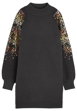 Mørkegrå sweaterkjole med lange ærmer, der har en ribbet halsudskæring og palietter i guld, bronze og sort på ærmerne.
