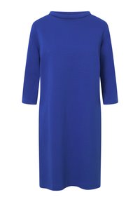 Ein blaues, knielanges Kleid aus einem glatten, einfarbigen Stoff. Es hat einen runden Ausschnitt und Dreiviertelärmel ohne zusätzliche Verzierungen.