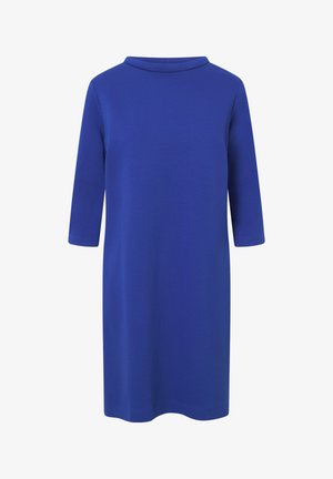 Blue, knee-length dress made from a smooth, solid fabric. Features a round neckline and three-quarter sleeves without additional embellishments.