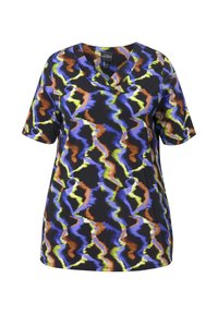 Haut noir à manches courtes avec un motif abstrait vibrant en bleu, vert, orange et jaune. Design en V et coupe décontractée.