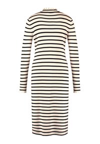 Robe à rayures noires et blanches à manches longues. Matière tricotée, design ajusté, encolure ras du cou, longueur genoux avec une finition côtelée aux poignets.