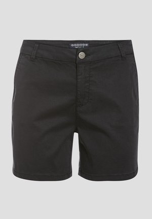 Mustat puuvillashortsit, joissa on sileä pinta, edessä nappisuljenta, vyölenkit ja klassinen leikkaus.