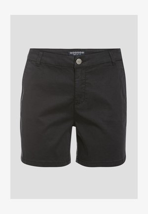 Mustat puuvillashortsit, joissa on sileä pinta, edessä nappisuljenta, vyölenkit ja klassinen leikkaus.