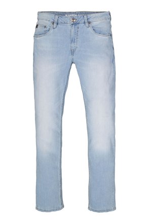 Hellblaue Denim-Jeans mit slim fit, fünf Taschen und Knopfverschluss. Subtile ausgewaschene Details auf dem Stoff.