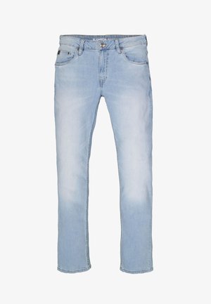 Lichtblauwe denim jeans met een slim fit, vijf zakken en een knoopsluiting. Subtiele vervagingdetails op de stof.