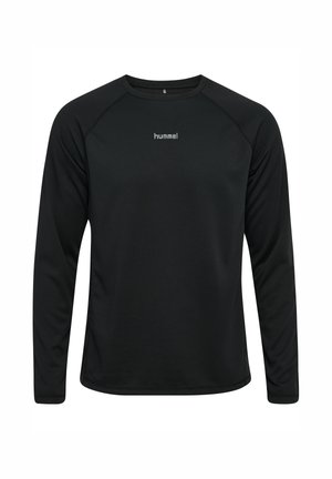 Czarna koszulka z długim rękawem i okrągłym dekoltem z logo "hummel" na środku klatki piersiowej, wykonana z lekkiego, teksturowanego materiału.