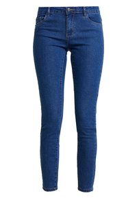 Jeans ajustados de mezclilla azul oscuro. Incluyen bucles para cinturón, cremallera frontal y diseño clásico de cinco bolsillos. Textura suave con ligero estiramiento.