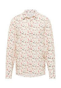 Camicia a maniche lunghe in tessuto crema con un motivo colorato di figure danzanti, colletto a punta e chiusura con bottoni.