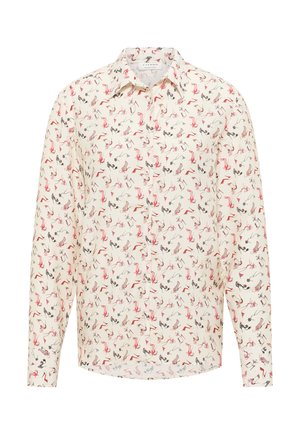 Lange mouw shirt van crème stof met een kleurrijk patroon van dansende figuren, met een puntkraag en knoopsluiting aan de voorkant.