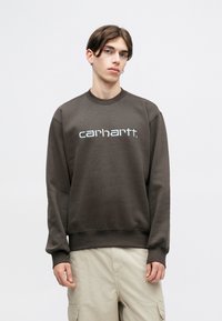 Sweatshirt brun cu gât rotund, mâneci lungi și manșete ribbate. Prezintă logo-ul "carhartt." în albastru deschis pe față. Textură moale.