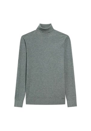 Szary sweter z długim rękawem i golfem, z prążkowanymi mankietami i dolnym wykończeniem, wyeksponowany na białym tle.