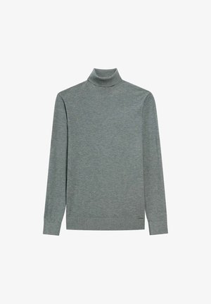 Szary sweter z długim rękawem i golfem, z prążkowanymi mankietami i dolnym wykończeniem, wyeksponowany na białym tle.