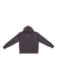 Kapuzensweatshirt in Dunkelgrau, mit einer Vordertasche und weißem Logo-Text. Hergestellt aus weichem Stoff mit gerippten Bündchen und Saum.