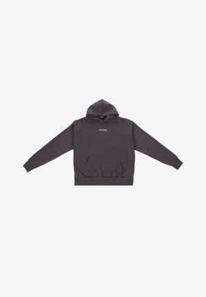 Tumedates hallis kapuutsiga dressipluus, millel on ees tasku ja valge logo tekst. Valmistatud pehmest kangast, millel on soonikkoes mansetid ja alumine serv.