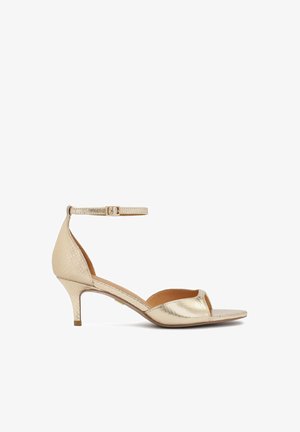 Sandali con tacco alto metallici dorati, design open-toe, tomaia texturizzata, cinturino alla caviglia regolabile e tacco sottile.