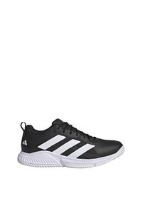 Black athletic shoe with a mesh upper, white three-stripe design, textured sole, and looped heel tab. Lightweight and breathable construction.