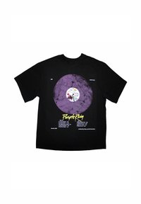 Black t-shirt featuring a large purple vinyl record graphic with text listing song titles and production details from "Purple Rain."