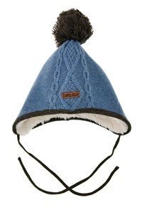 Blue knitted hat with a triangular shape and dark brown trim. Features a brown pom-pom on top and soft lining. Adjustable ties included.