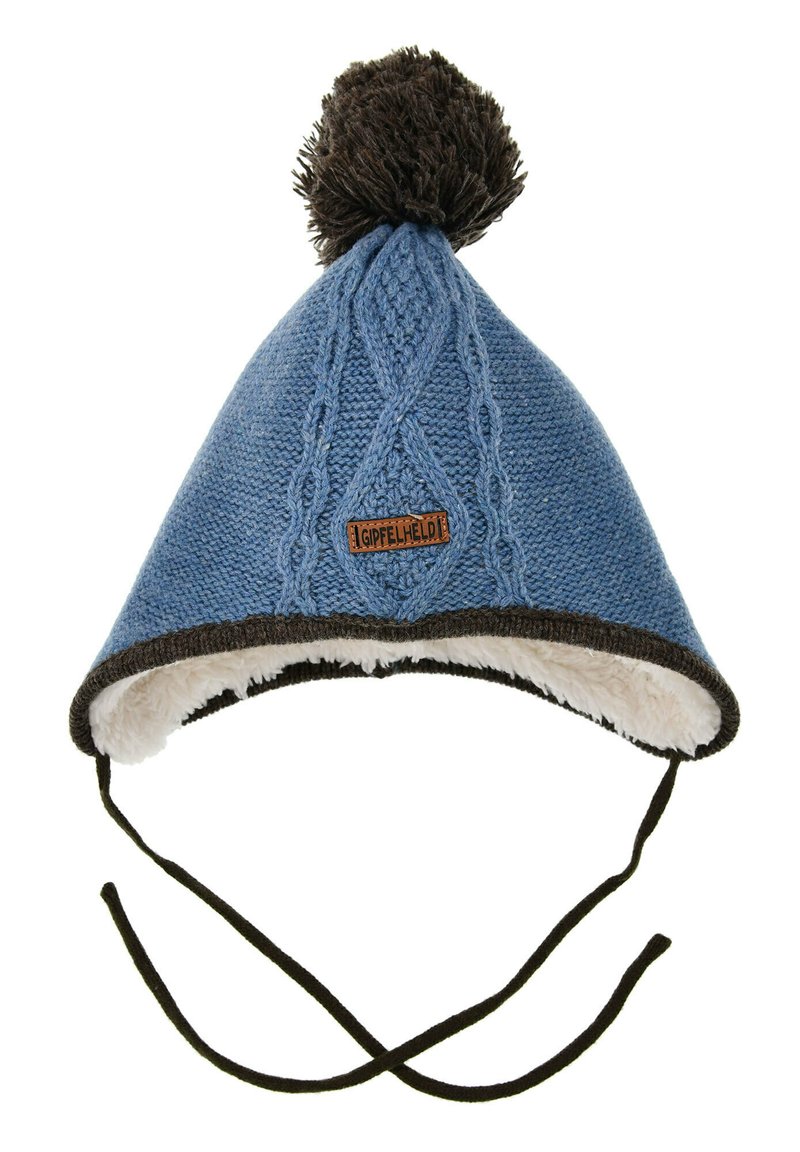 Blue knitted hat with a triangular shape and dark brown trim. Features a brown pom-pom on top and soft lining. Adjustable ties included.