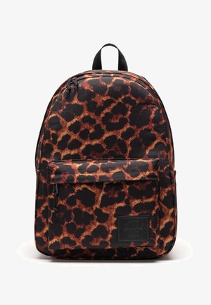 Sac à dos noir et brun à imprimé léopard avec une poignée supérieure, une poche zippée sur le devant et un tissu texturé. Présente un patch logo sur le devant.
