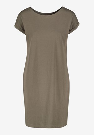 Short-sleeve, knee-length olive green casual dress with rolled cuffs and a round neckline on plain background.