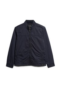 Granatowa lekka kurtka z zamkiem błyskawicznym, stójką i elastycznymi mankietami. Gładka faktura, wyposażona w boczne kieszenie i minimalistyczny design.