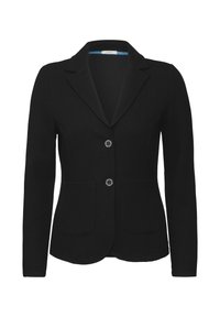 Černý blazer s texturovanou tkaninou, ostrými klopami, dvěma předními kapsami a dvěma knoflíky se lesklým povrchem.