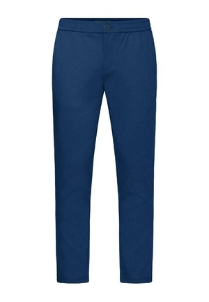 Kék, egyenes szárú nadrág elasztikus derékpánttal és gombos rögzítéssel, alkalmi vagy irodai viseletre tervezve.