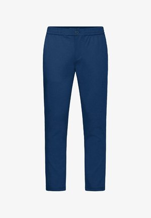 Kék, egyenes szárú nadrág elasztikus derékpánttal és gombos rögzítéssel, alkalmi vagy irodai viseletre tervezve.