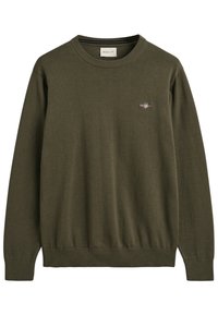 Olivegrüner, gestrickter Pullover mit Rundhalsausschnitt, gerippten Bündchen und Saum, ausgestattet mit einem kleinen gestickten Logo auf der Brust. Weiche Textur.