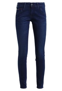 Tummansiniset slim-fit farkut, joissa on etupainike ja vetoketju, vyölenkit ja viisi taskua.