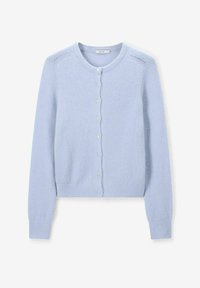 Cardigan à boutons à manches longues de couleur bleu clair avec des poignets et un ourlet côtelés, présentant de petits détails tricotés décoratifs près des coutures d'épaule.