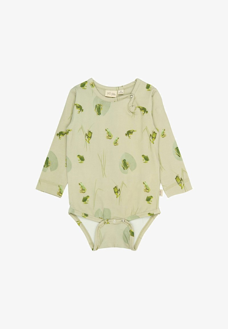 Bodysuit à manches longues pour bébé en tissu vert clair avec un motif de grenouilles et de nénuphars ; fermeture à pression à l'épaule et au bas pour un habillage facile.