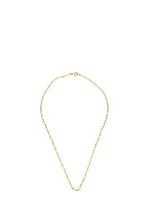 Delicata collana a catena in oro con maglie ovali allungate e una piccola chiusura a molla rotonda, esposta distesa su sfondo bianco.