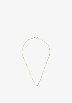 Delicata collana a catena in oro con maglie ovali allungate e una piccola chiusura a molla rotonda, esposta distesa su sfondo bianco.